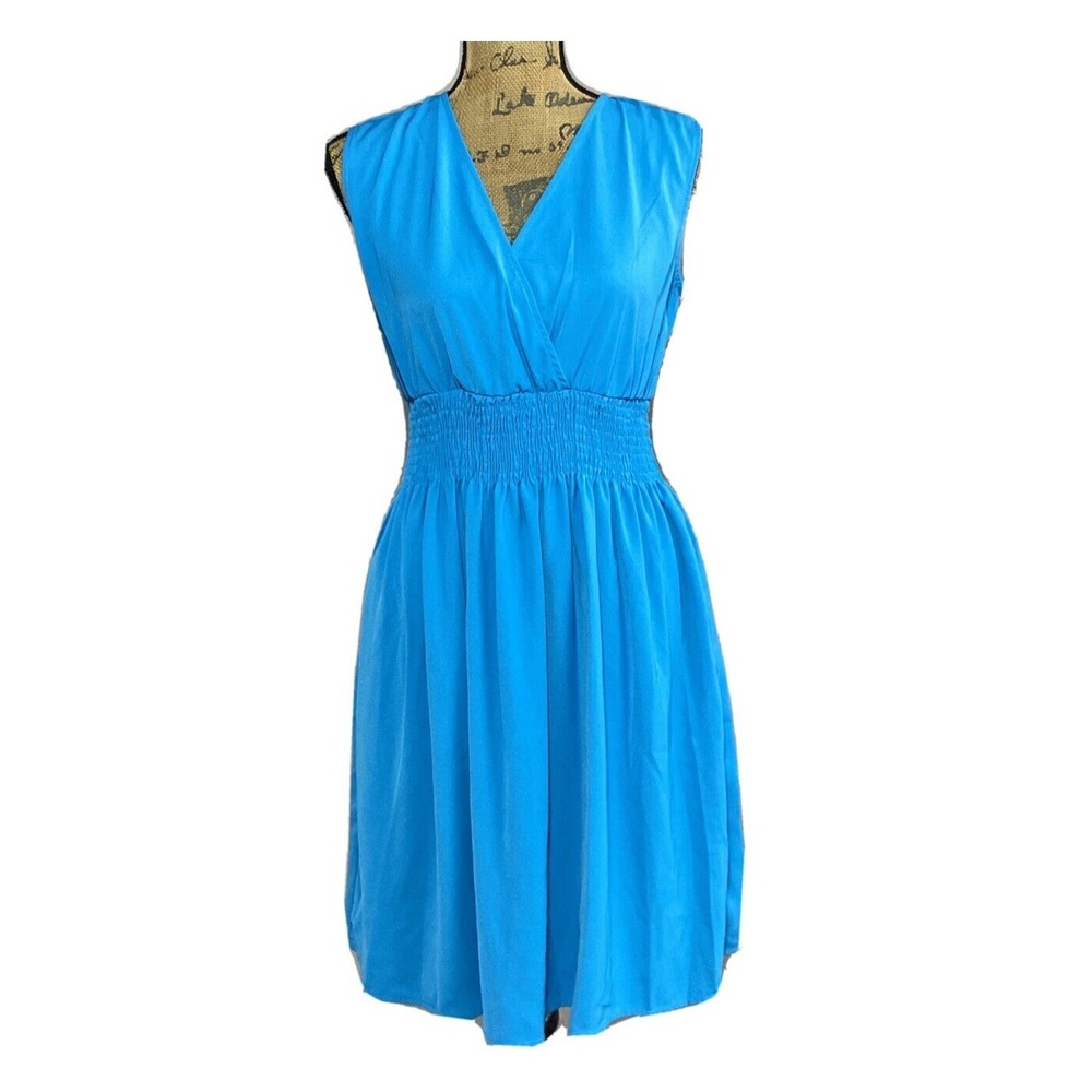 NWT OUGES Dress LARGE Turquoise Blue Smock Waist Pocket Lined Surplice V Neck